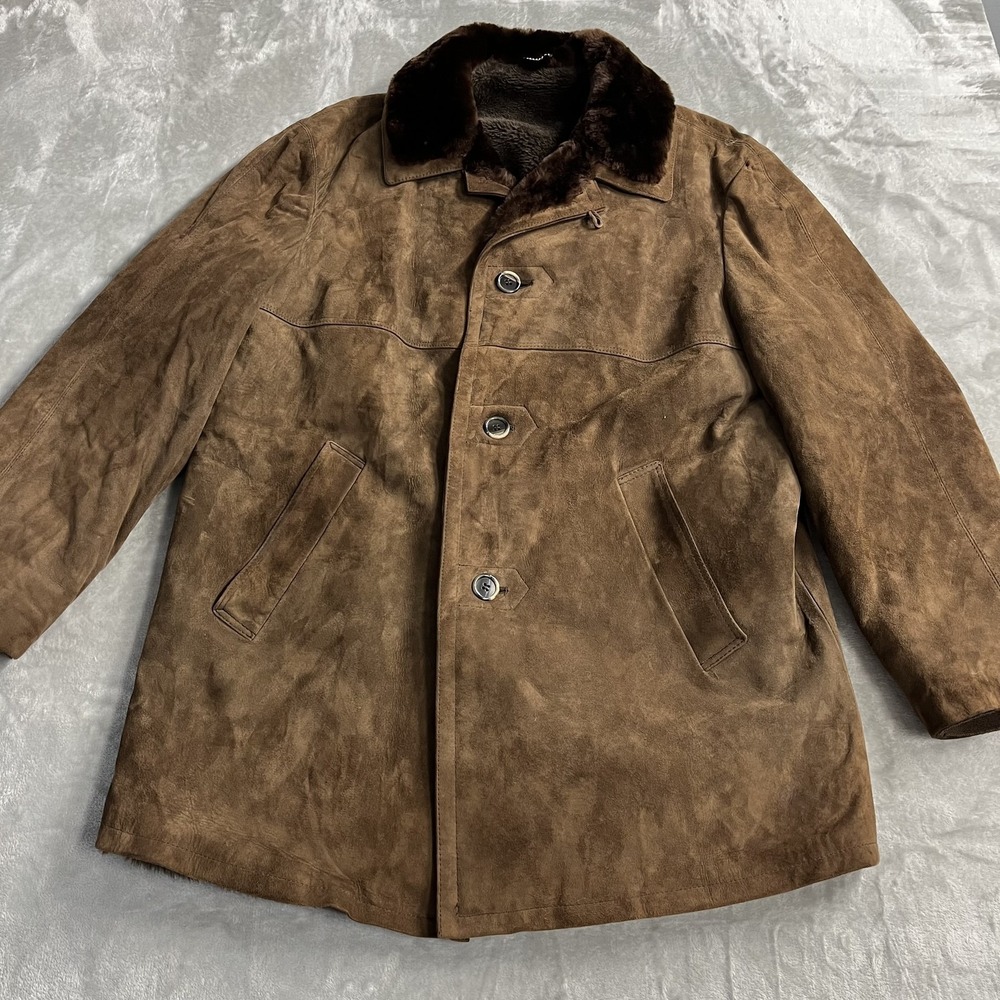 Vintage Getaway‎ Coat Mens 48 Brown Suede Borg Lined Fur Collar Overcoat Western